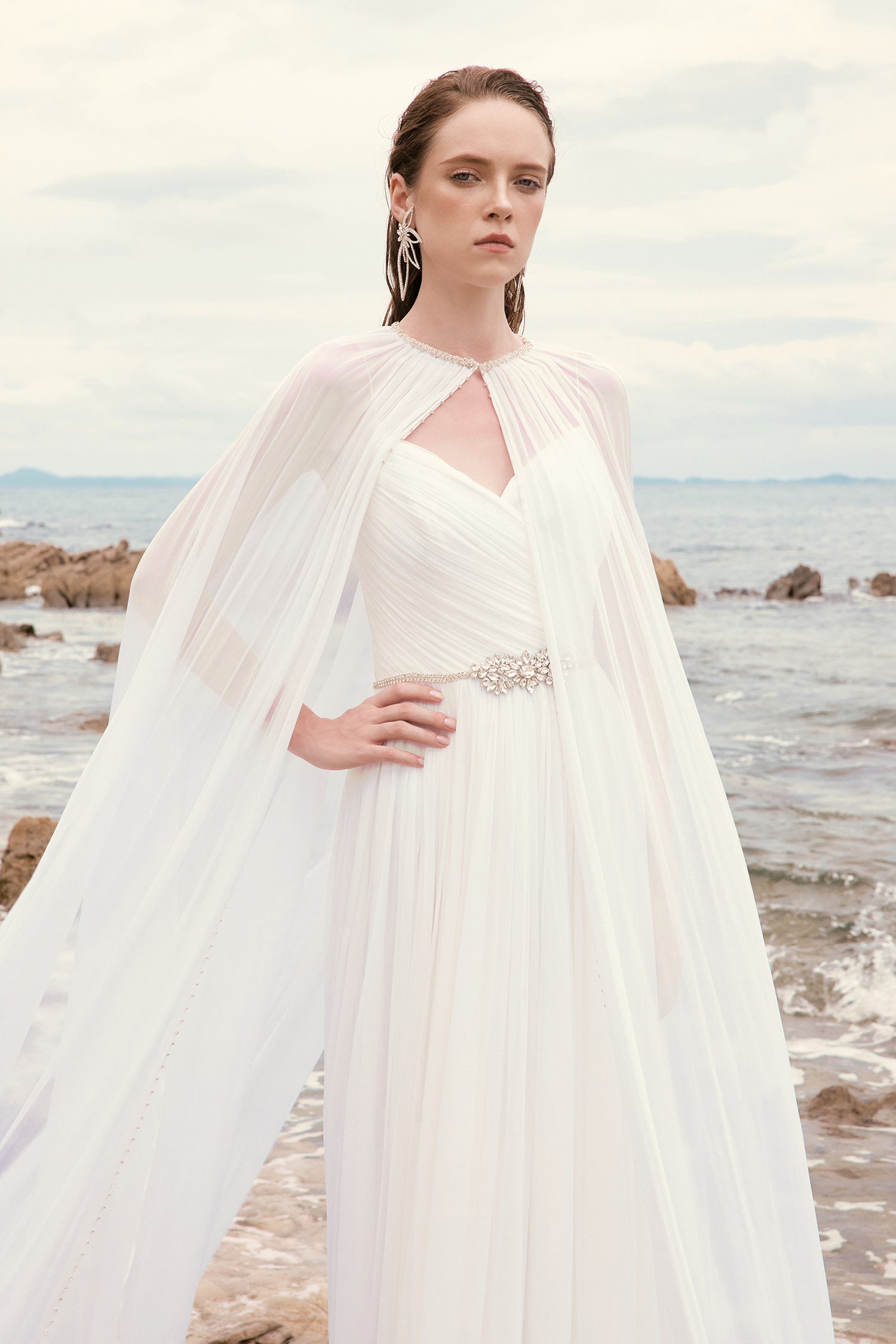 Yona chiffon crystal dress with cape